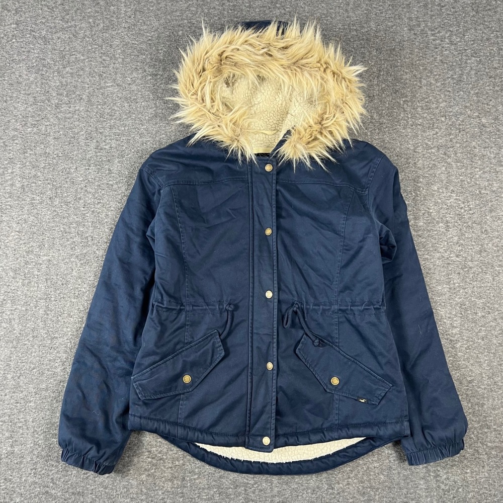 Vintage Y2K Hollister Faux Fur Sherpa Lined Parka Jacket Small Navy Heritage